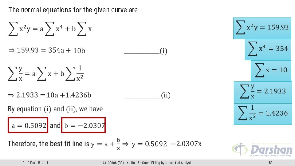 The normal equations for the given curve are Prof. Daxa B. Jani #3130006 (PS) The normal equations for the given curve are Prof. Daxa B. Jani #3130006 (PS)