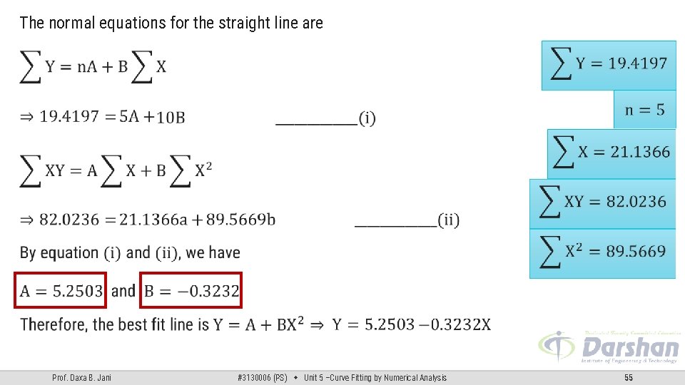 The normal equations for the straight line are Prof. Daxa B. Jani #3130006 (PS) The normal equations for the straight line are Prof. Daxa B. Jani #3130006 (PS)