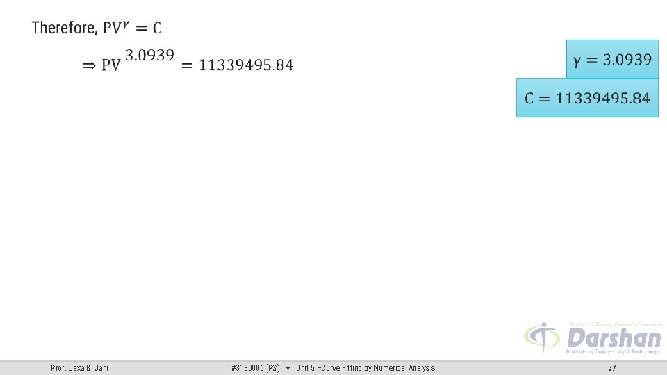 Prof. Daxa B. Jani #3130006 (PS) Unit 5 –Curve Fitting by Numerical Analysis 57 Prof. Daxa B. Jani #3130006 (PS) Unit 5 –Curve Fitting by Numerical Analysis 57