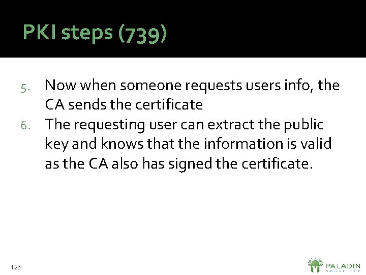 PKI steps (739) Now when someone requests users info, the CA sends the certificate