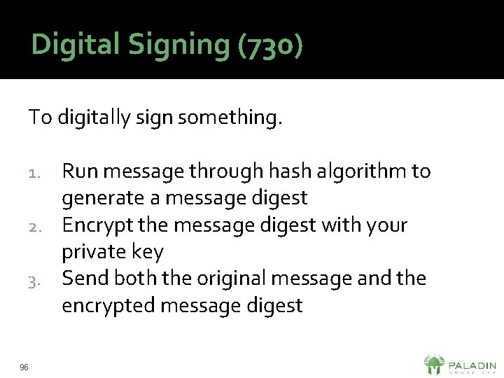 Digital Signing (730) To digitally sign something. Run message through hash algorithm to generate