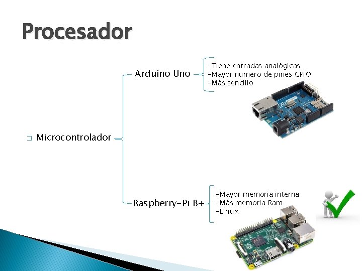 Procesador Arduino Uno � -Tiene entradas analógicas -Mayor numero de pines GPIO -Más sencillo