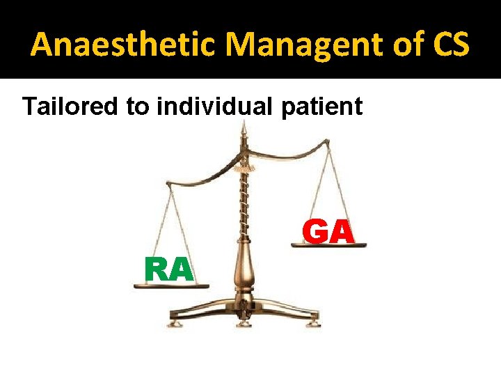 Anaesthetic Managent of CS Tailored to individual patient RA GA 