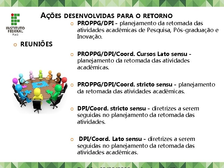 AÇÕES DESENVOLVIDAS REUNIÕES PARA O RETORNO PROPPG/DPI - planejamento da retomada das atividades acadêmicas AÇÕES DESENVOLVIDAS REUNIÕES PARA O RETORNO PROPPG/DPI - planejamento da retomada das atividades acadêmicas