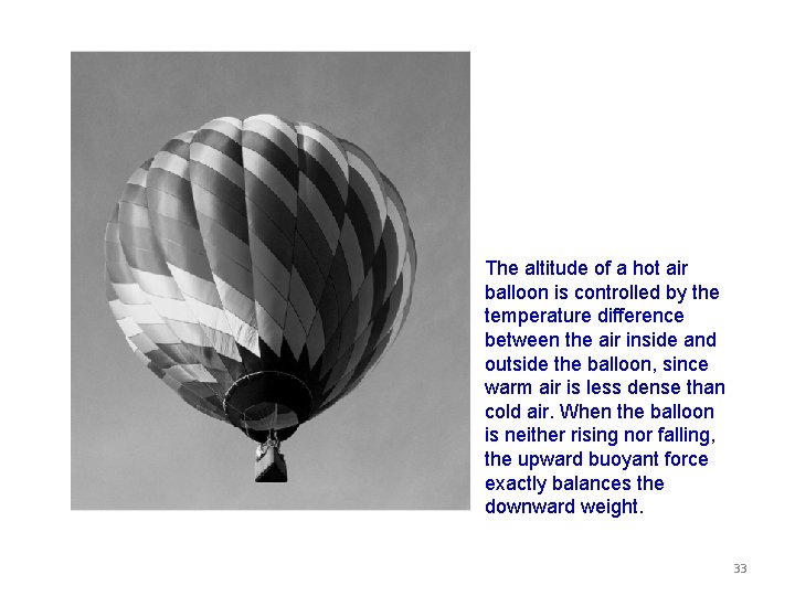 The altitude of a hot air balloon is controlled by the temperature difference between