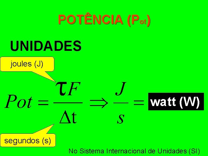 POTÊNCIA (Pot) UNIDADES joules (J) watt (W) segundos (s) No Sistema Internacional de Unidades