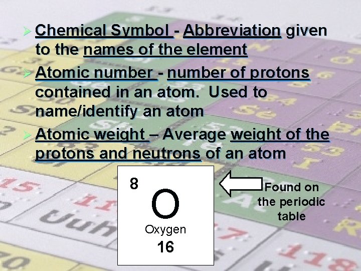 Ø Chemical Symbol - Abbreviation given to the names of the element Ø Atomic