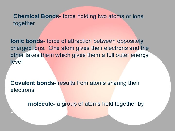 Chemical Bonds- force holding two atoms or ions together Ionic bonds- force of attraction