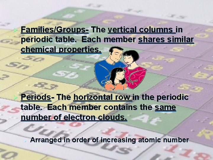 Ø Families/Groups- The vertical columns in periodic table. Each member shares similar chemical properties.