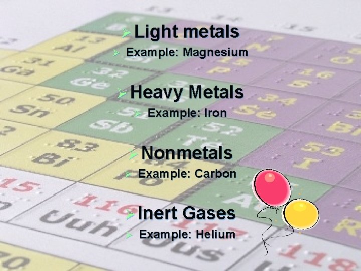 Ø Light metals Ø Example: Magnesium Ø Heavy Metals Ø Example: Iron Ø Nonmetals