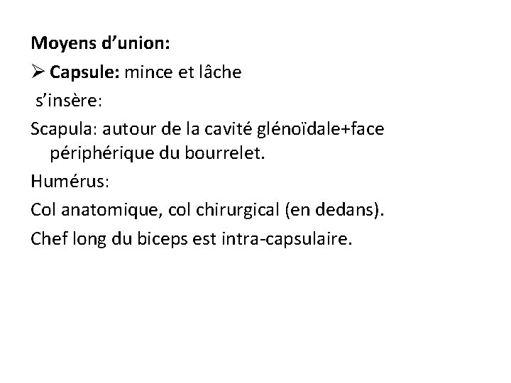 Moyens d’union: Ø Capsule: mince et lâche s’insère: Scapula: autour de la cavité glénoïdale+face