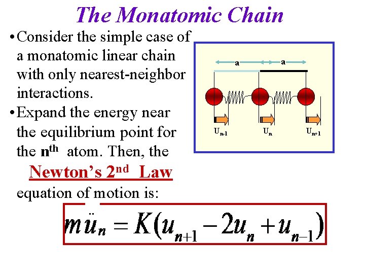 The Monatomic Chain • Consider the simple case of a monatomic linear chain with