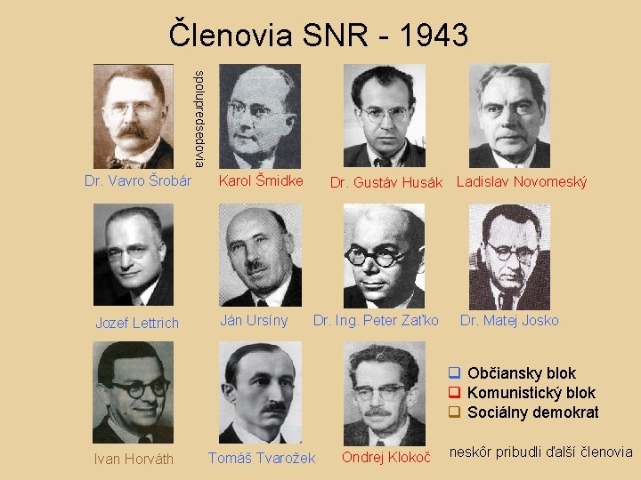 Členovia SNR - 1943 spolupredsedovia Dr. Vavro Šrobár Jozef Lettrich Karol Šmidke Ján Ursíny