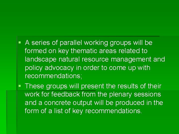 § A series of parallel working groups will be formed on key thematic areas
