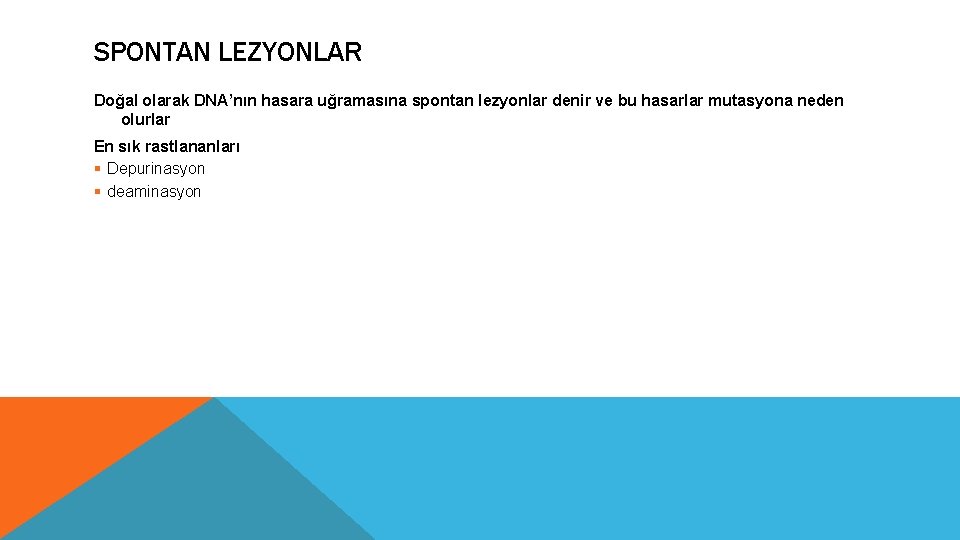 SPONTAN LEZYONLAR Doğal olarak DNA’nın hasara uğramasına spontan lezyonlar denir ve bu hasarlar mutasyona