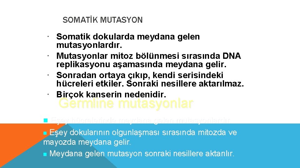 SOMATİK MUTASYON Somatik dokularda meydana gelen mutasyonlardır. Mutasyonlar mitoz bölünmesi sırasında DNA replikasyonu aşamasında