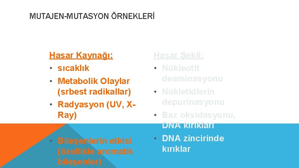 MUTAJEN-MUTASYON ÖRNEKLERİ Hasar Kaynağı: • sıcaklık • Metabolik Olaylar (srbest radikallar) • Radyasyon (UV,