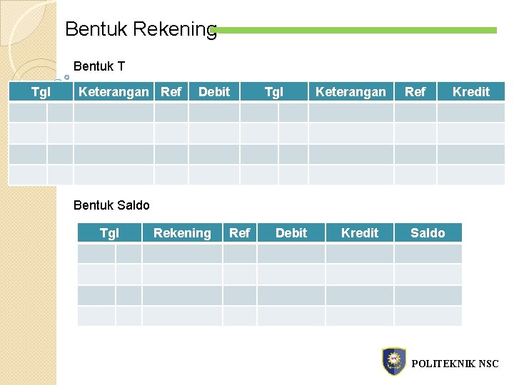 Bentuk Rekening Bentuk T Tgl Keterangan Ref Debit Tgl Keterangan Ref Kredit Bentuk Saldo