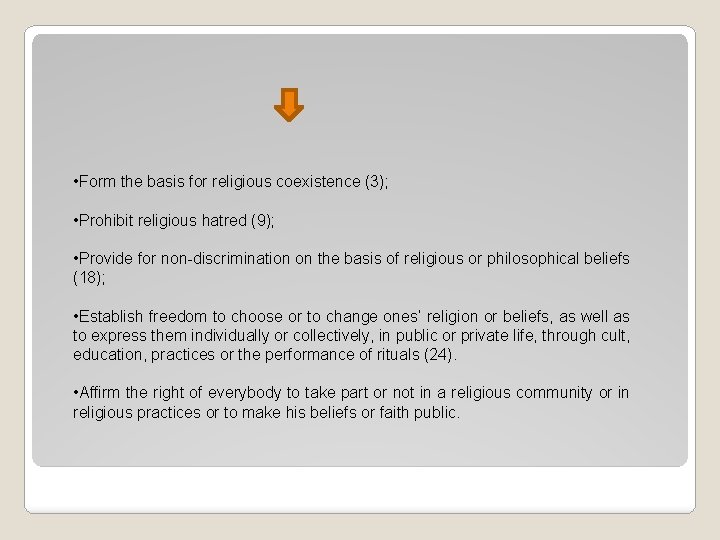  • Form the basis for religious coexistence (3); • Prohibit religious hatred (9);
