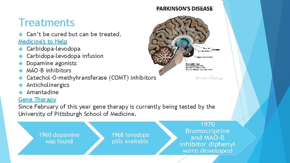 Treatments Can’t be cured but can be treated. Medicine's to Help Carbidopa-levodopa infusion Dopamine