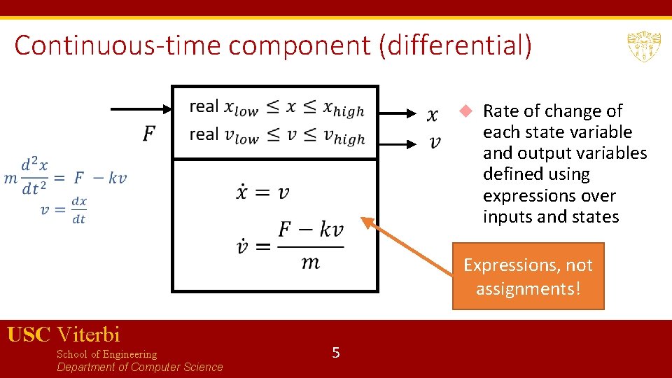 Continuous-time component (differential) Rate of change of each state variable and output variables defined