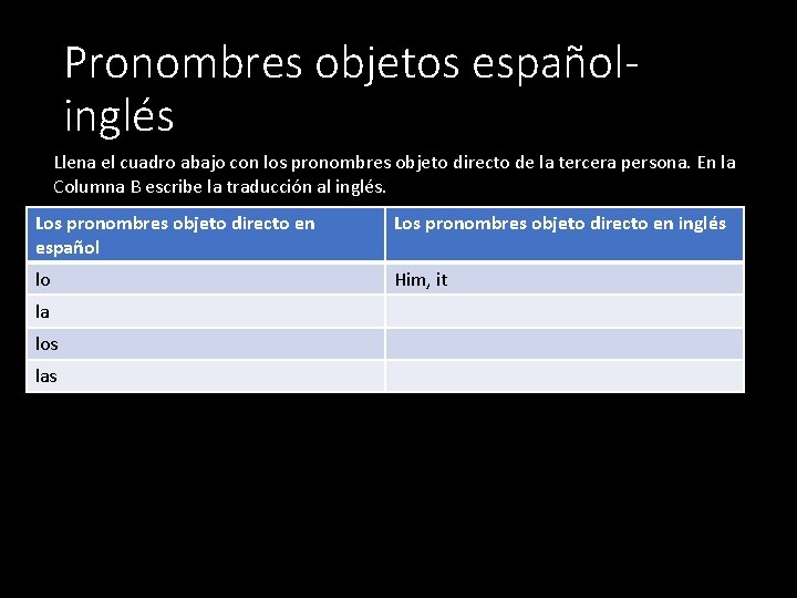 Pronombres objetos españolinglés Llena el cuadro abajo con los pronombres objeto directo de la