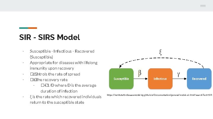 SIR - SIRS Model - - Susceptible - Infectious - Recovered (Susceptible) Appropriate for