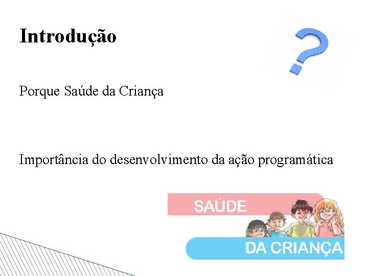 Introdução Porque Saúde da Criança Importância do desenvolvimento da ação programática 