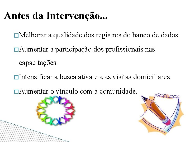 Antes da Intervenção. . . �Melhorar a qualidade dos registros do banco de dados.