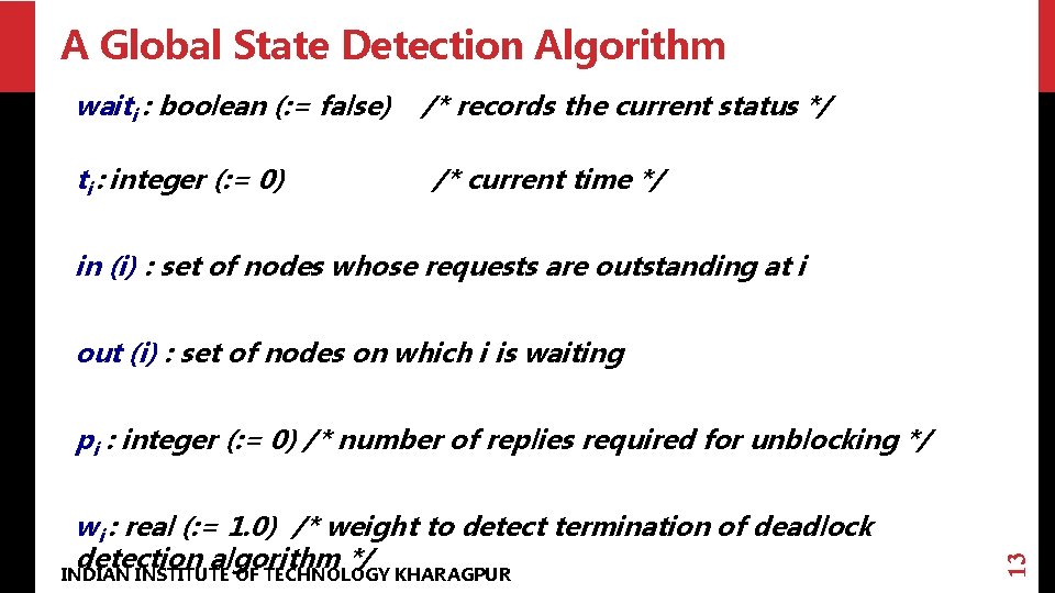 A Global State Detection Algorithm waiti : boolean (: = false) ti : integer