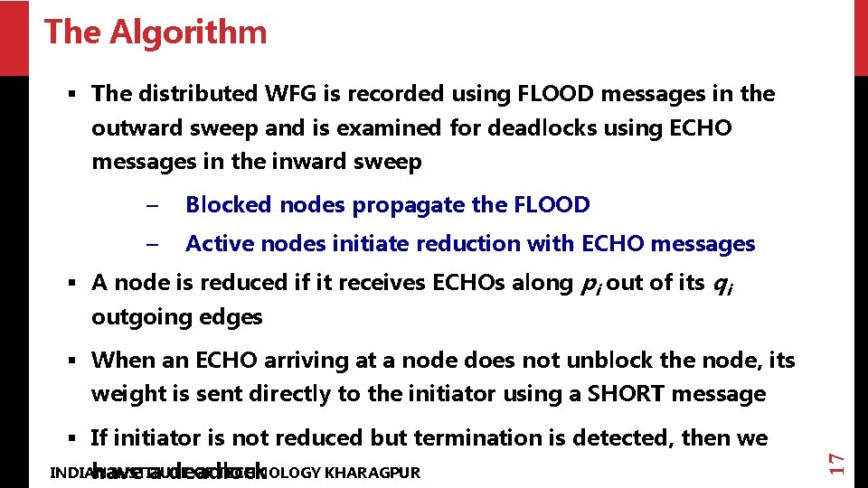 The Algorithm § The distributed WFG is recorded using FLOOD messages in the outward