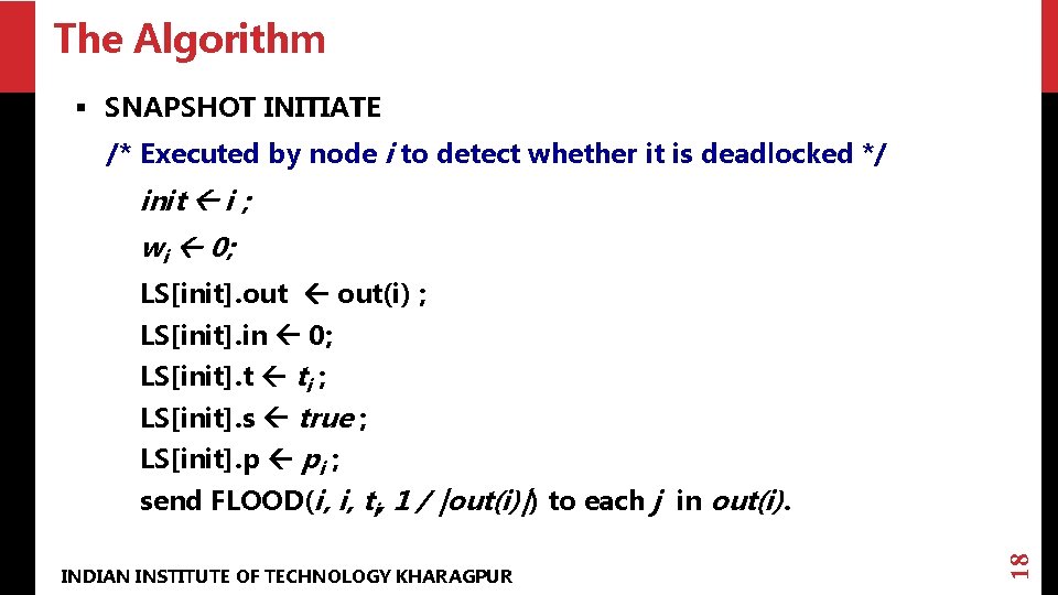 The Algorithm § SNAPSHOT INITIATE /* Executed by node i to detect whether it
