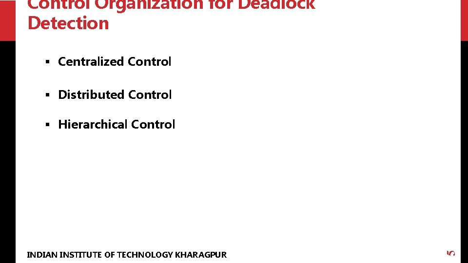 Control Organization for Deadlock Detection § Centralized Control § Distributed Control INDIAN INSTITUTE OF