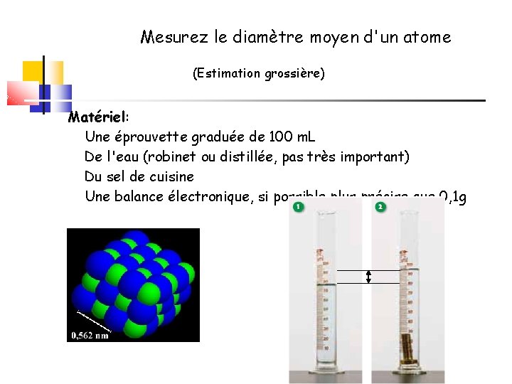 Mesurez le diamètre moyen d'un atome (Estimation grossière) Matériel: Une éprouvette graduée de 100