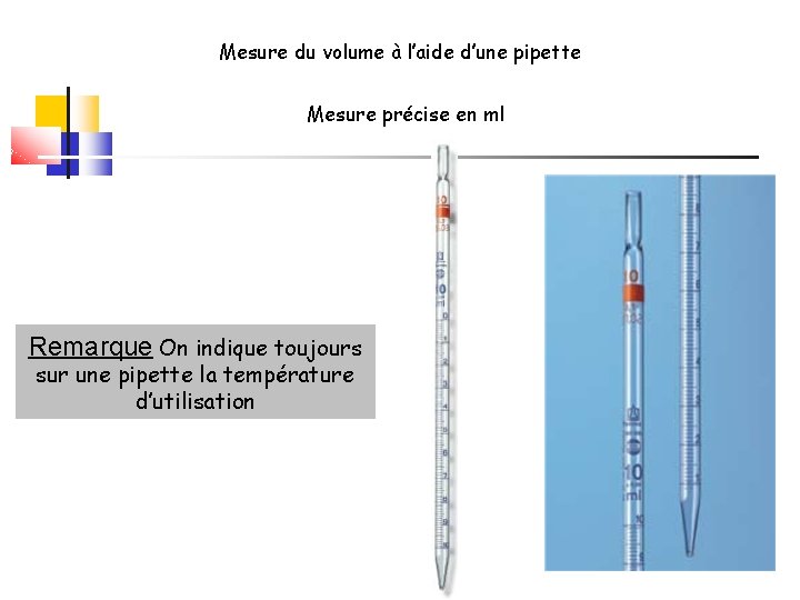 Mesure du volume à l’aide d’une pipette Mesure précise en ml Remarque On indique