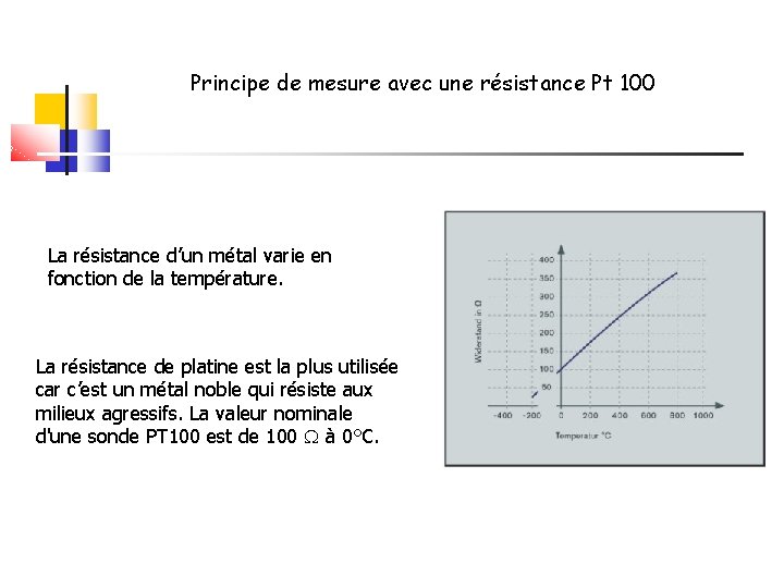 Principe de mesure avec une résistance Pt 100 La résistance d’un métal varie en