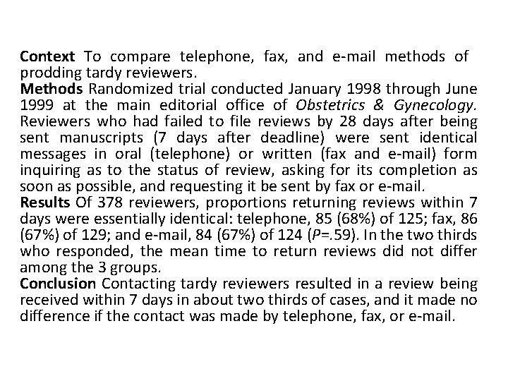 Context To compare telephone, fax, and e‐mail methods of prodding tardy reviewers. Methods Randomized