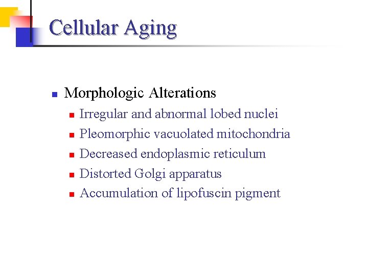 Cellular Aging n Morphologic Alterations n n n Irregular and abnormal lobed nuclei Pleomorphic