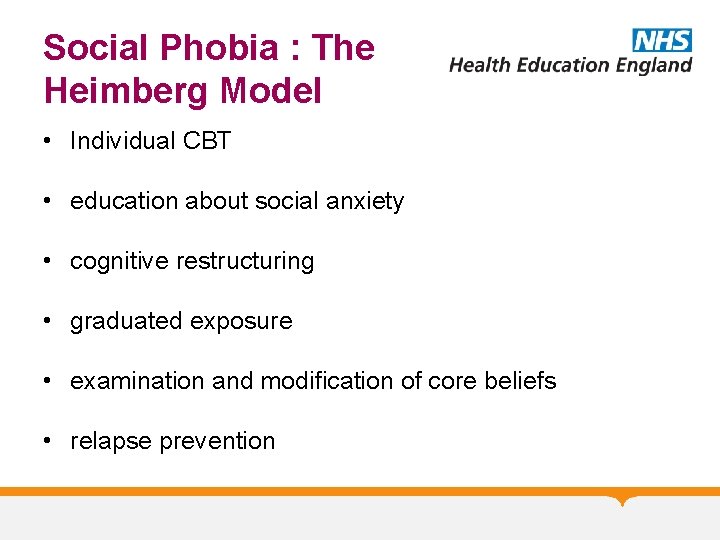 Social Phobia : The Heimberg Model • Individual CBT • education about social anxiety