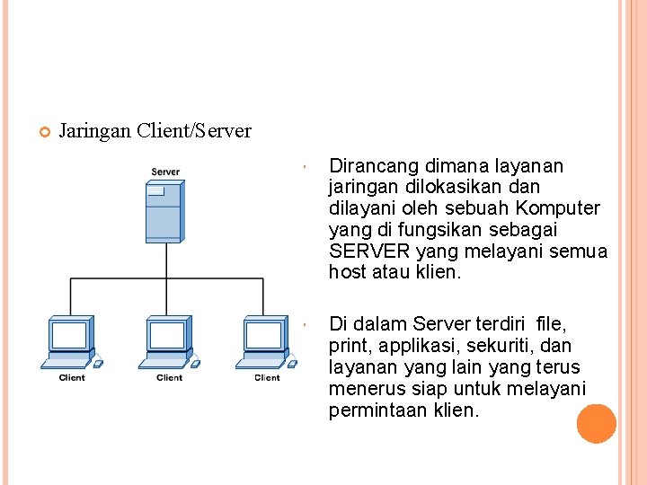  Jaringan Client/Server Dirancang dimana layanan jaringan dilokasikan dilayani oleh sebuah Komputer yang di