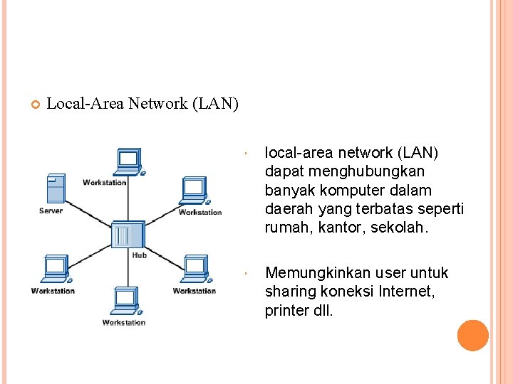  Local-Area Network (LAN) local-area network (LAN) dapat menghubungkan banyak komputer dalam daerah yang