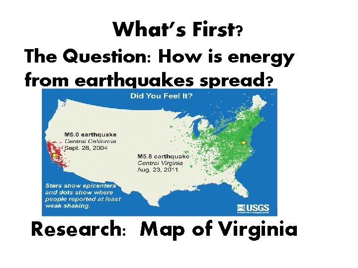 What’s First? The Question: How is energy from earthquakes spread? Research: Map of Virginia