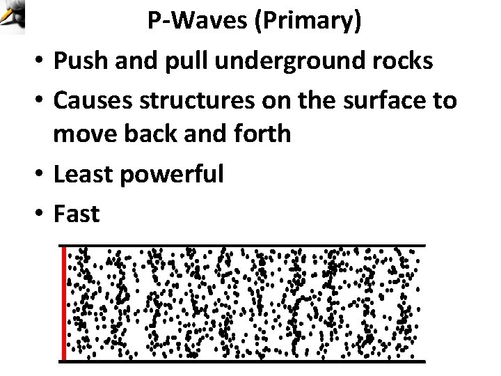  • • P-Waves (Primary) Push and pull underground rocks Causes structures on the