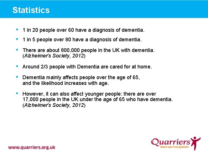 Statistics • • 1 in 20 people over 60 have a diagnosis of dementia.