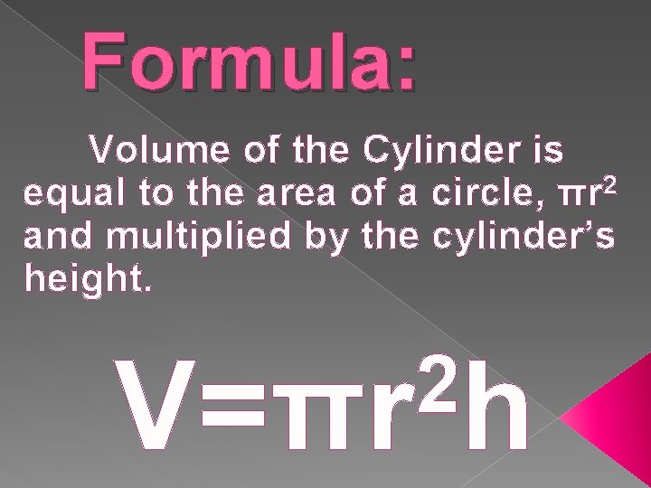 Formula: Volume of the Cylinder is equal to the area of a circle, πr