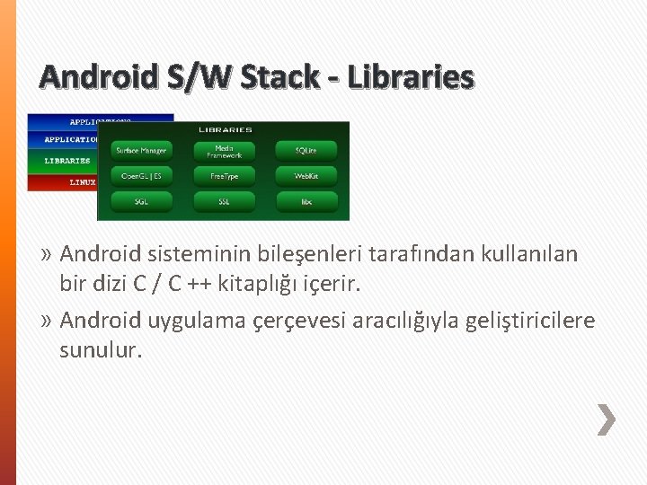 Android S/W Stack - Libraries » Android sisteminin bileşenleri tarafından kullanılan bir dizi C