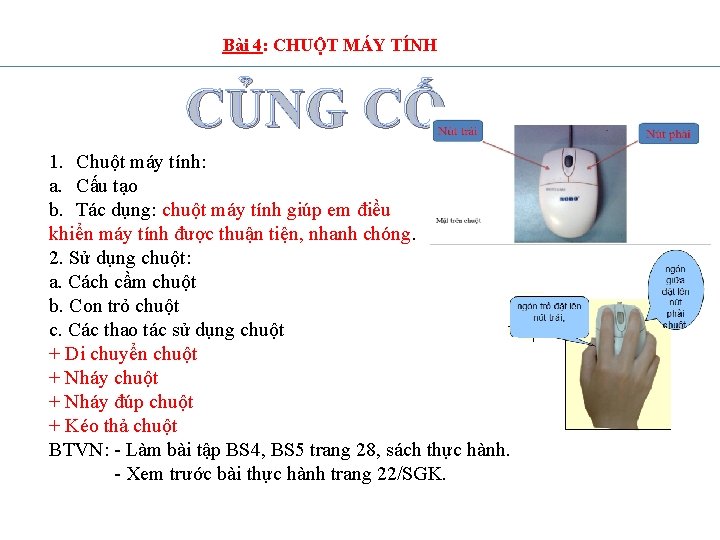 Bài 4: CHUỘT MÁY TÍNH CỦNG CỐ 1. Chuột máy tính: a. Cấu tạo