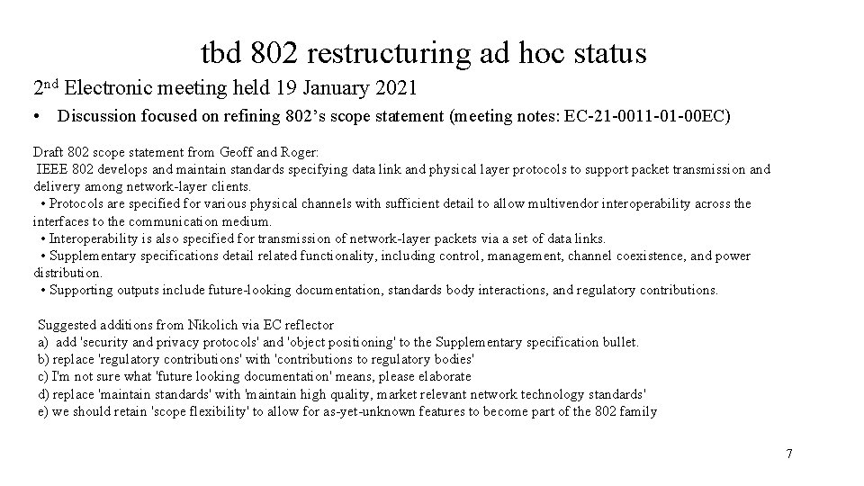 tbd 802 restructuring ad hoc status 2 nd Electronic meeting held 19 January 2021