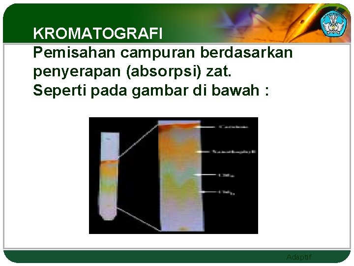 KROMATOGRAFI Pemisahan campuran berdasarkan penyerapan (absorpsi) zat. Seperti pada gambar di bawah : Adaptif