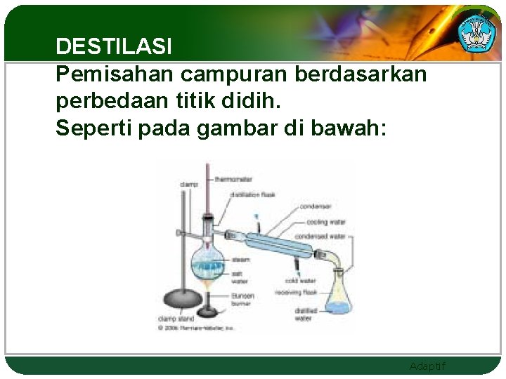 DESTILASI Pemisahan campuran berdasarkan perbedaan titik didih. Seperti pada gambar di bawah: Adaptif 